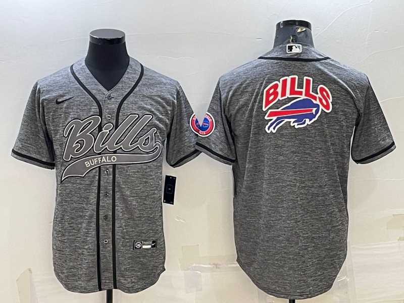 Men%27s Buffalo Bills Grey Team Big Logo With Patch Cool Base Stitched Baseball Jersey